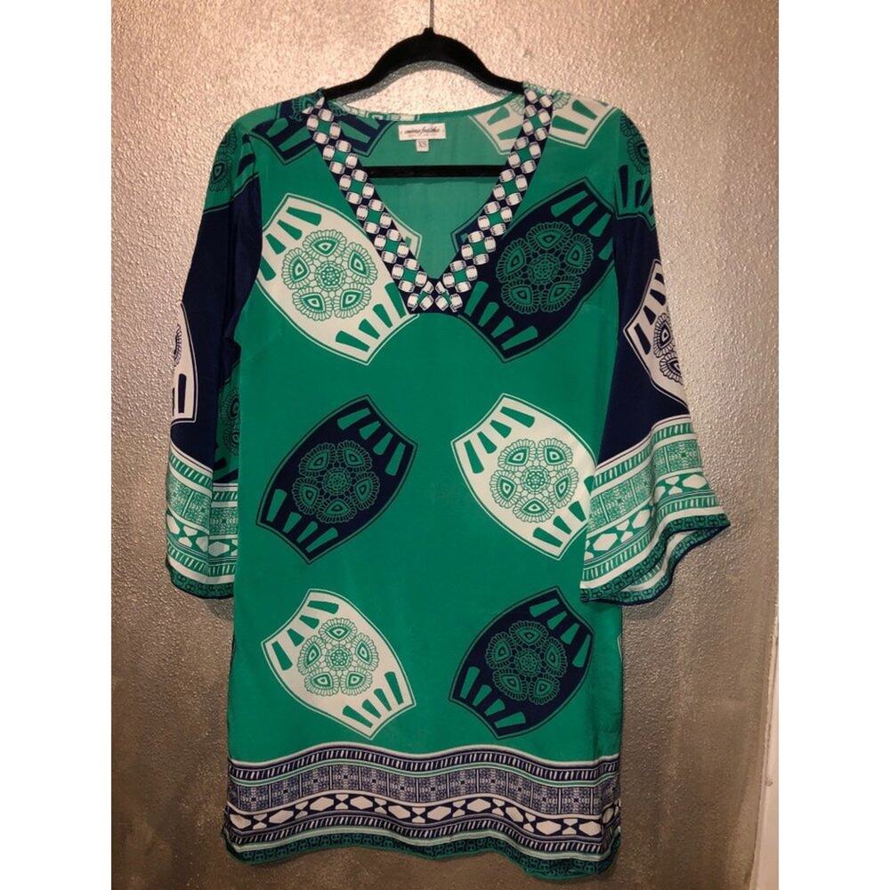 Creme Fraiche Paris New York Preppy Green & Blue 100% Silk Dress